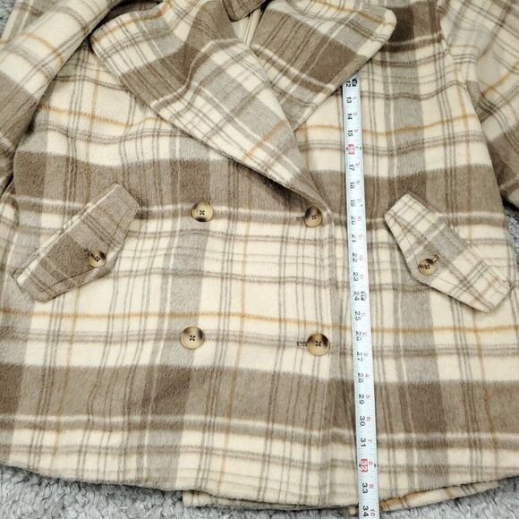 Free People Highlands Wool Plaid Double Breasted Peacoat Brown Size XL Oversized - Picture 9 of 10